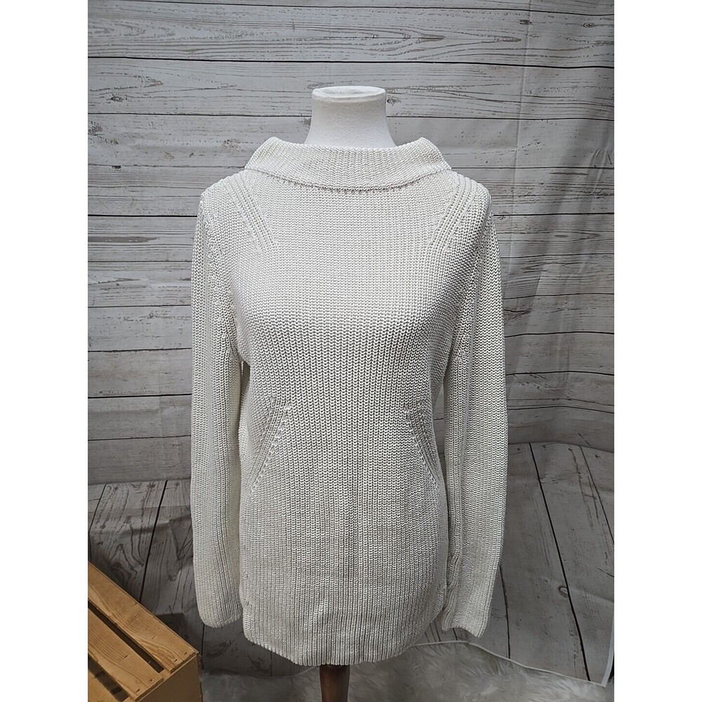Talbots Tunic Long Sleeve Sweater Women's‎ Size L Ivory Crocheted 100% Cotton